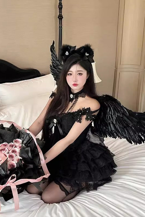 Black Multi-layer Ruffle Hanayome Bowknot Lace Gothic Mini Lolita Skirt Dress