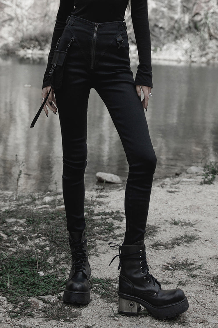 Black Functional Tooling Style Pocket Belt Trim V-Shaped Split Zipper Women's Punk Trousers