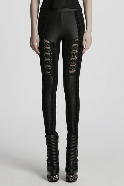 Black Floral Embroidery Women's Gothic Leggings