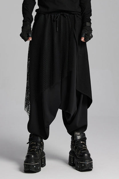 Black Mesh Asymmetric Zipper Men's Punk Pants