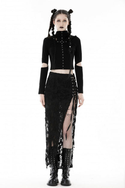 Black Metal Cross Eyelet Long Sleeves Cut-Out Women's Punk Crop Top with Ripped Hood