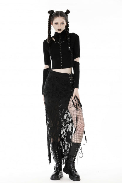 Black Lace-Up Ripped Women's Punk Split Long Skirt