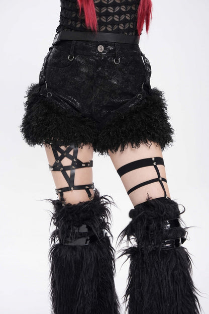Black Plush Stitching Buckle Straps Women's Punk Shorts