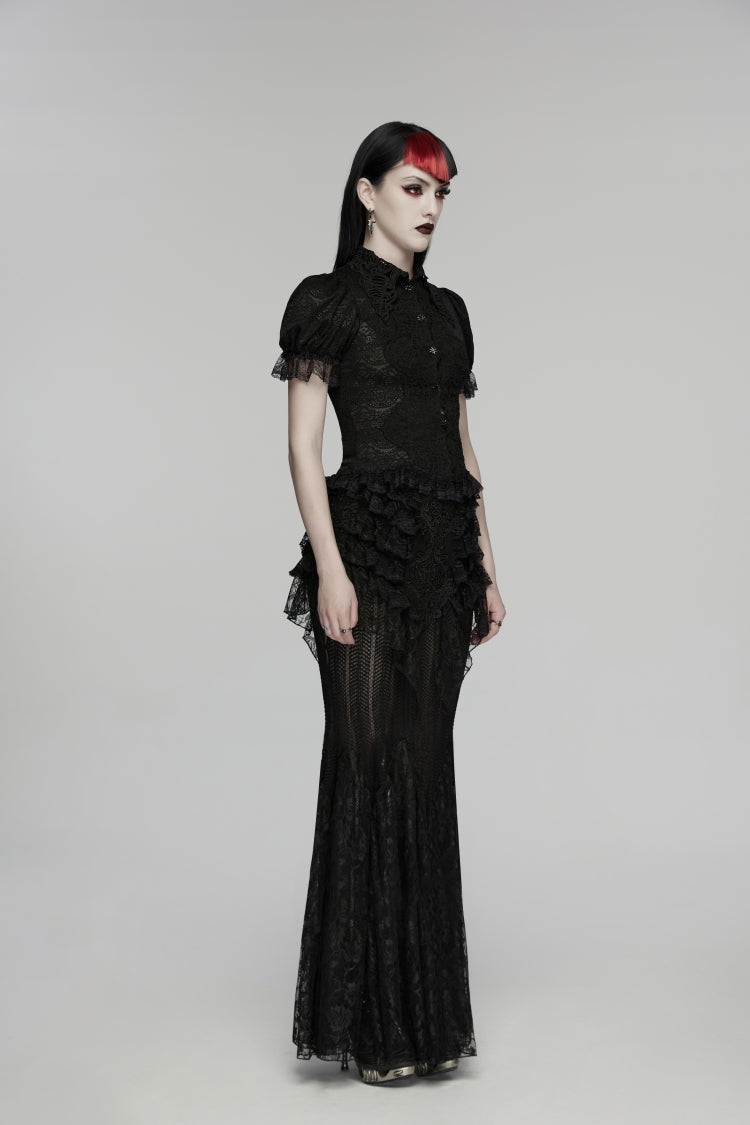 Black Embroidered Spliced Ruffled Lace Slim Mesh Women's Gothic  Mermaid Skirt
