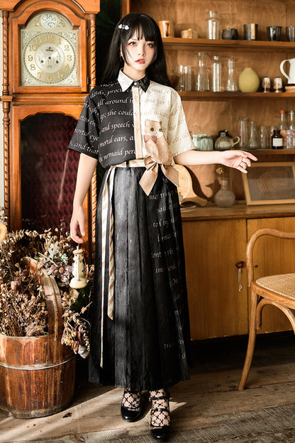 Black High Waisted Orange Cat Print Ouji Lolita Long Skirt