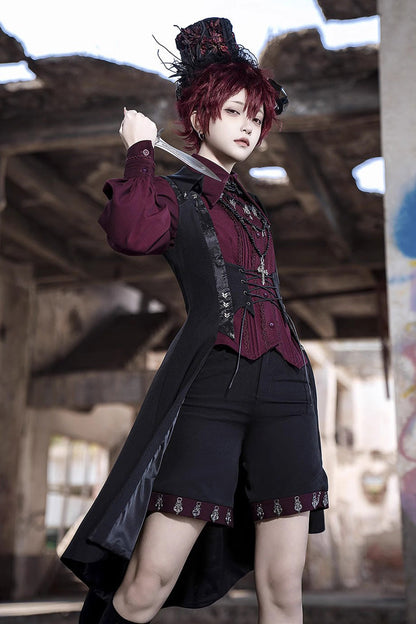 Black Lace-Up Slim Gothic Vintage Prince Ouji Lolita Long Vest