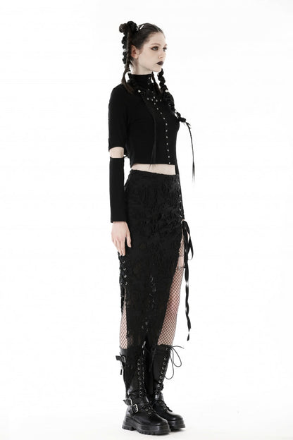 Black Lace-Up Ripped Women's Punk Split Long Skirt
