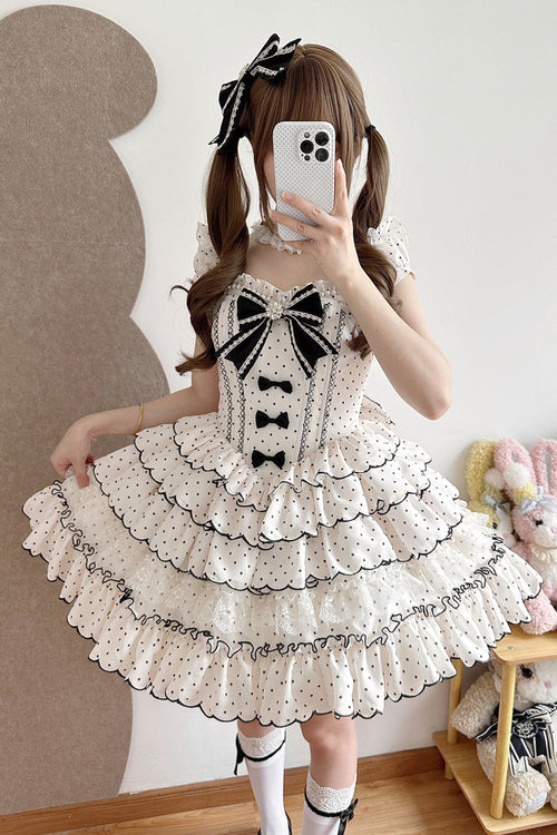 Beige Sleeveless Multi-Layered Polka Dots Printed Ruffled Bow Sweet Princess Lolita Jsk Dress