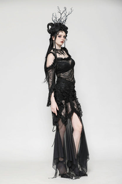 Black Off Shoulder Long Flare Sleeves Lace Women's Gothic Romantic Top